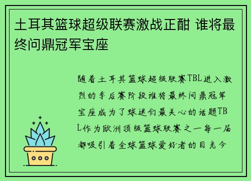 土耳其篮球超级联赛激战正酣 谁将最终问鼎冠军宝座