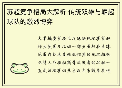 苏超竞争格局大解析 传统双雄与崛起球队的激烈博弈