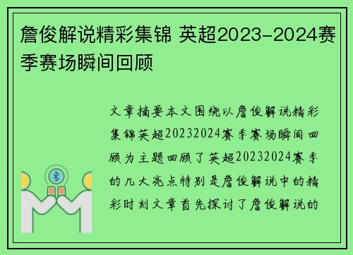 詹俊解说精彩集锦 英超2023-2024赛季赛场瞬间回顾